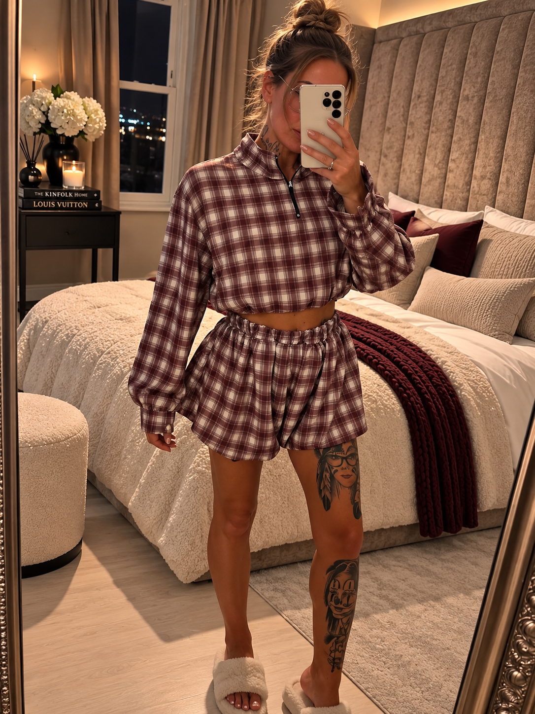 Burgundy Check Balloon Shorts Set