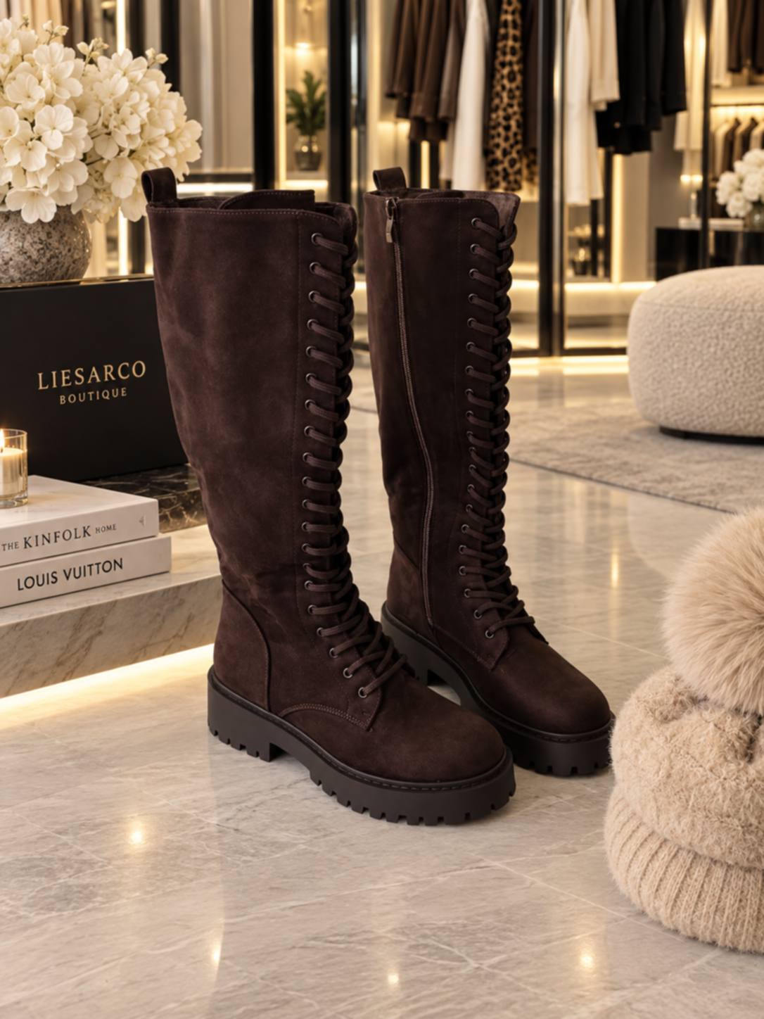 Chocolate Suede Lace-Up Knee High Boots