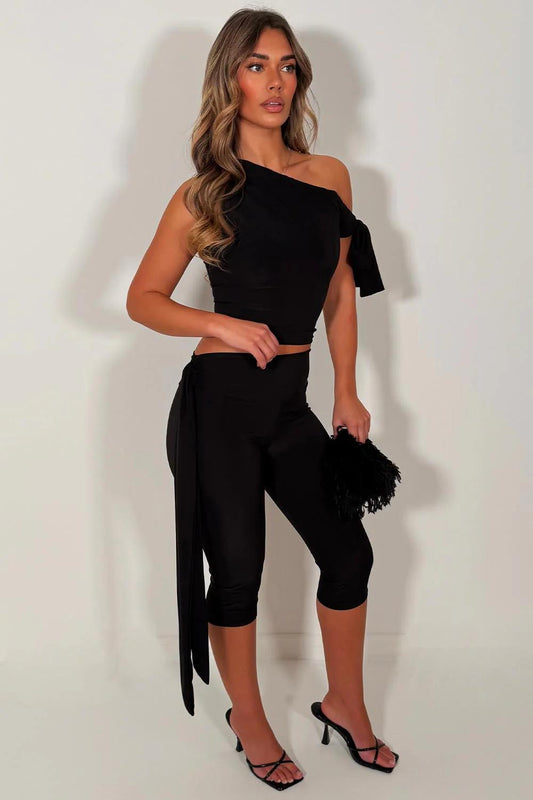 Rizzo| Black One Shoulder Capri Co-Ord Set