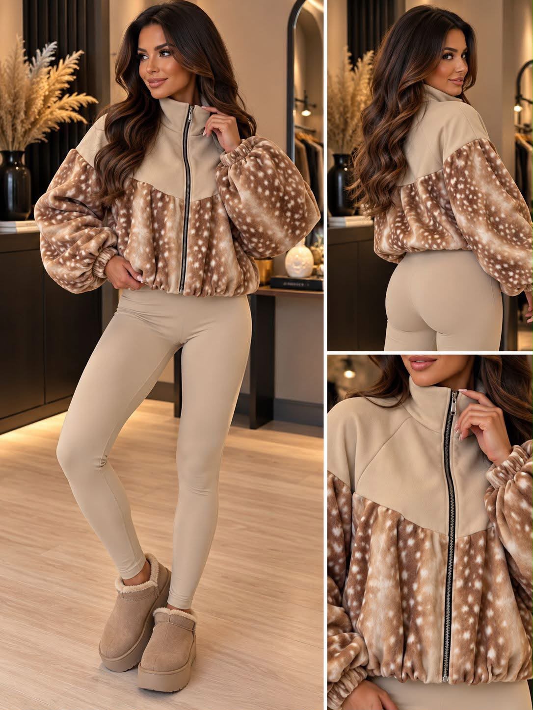 Chocolate/Fawn Bambi Print Zip-Up Jacket