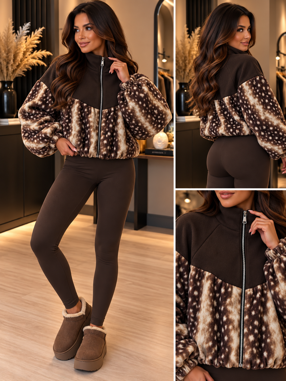 Chocolate/Fawn Bambi Print Zip-Up Jacket