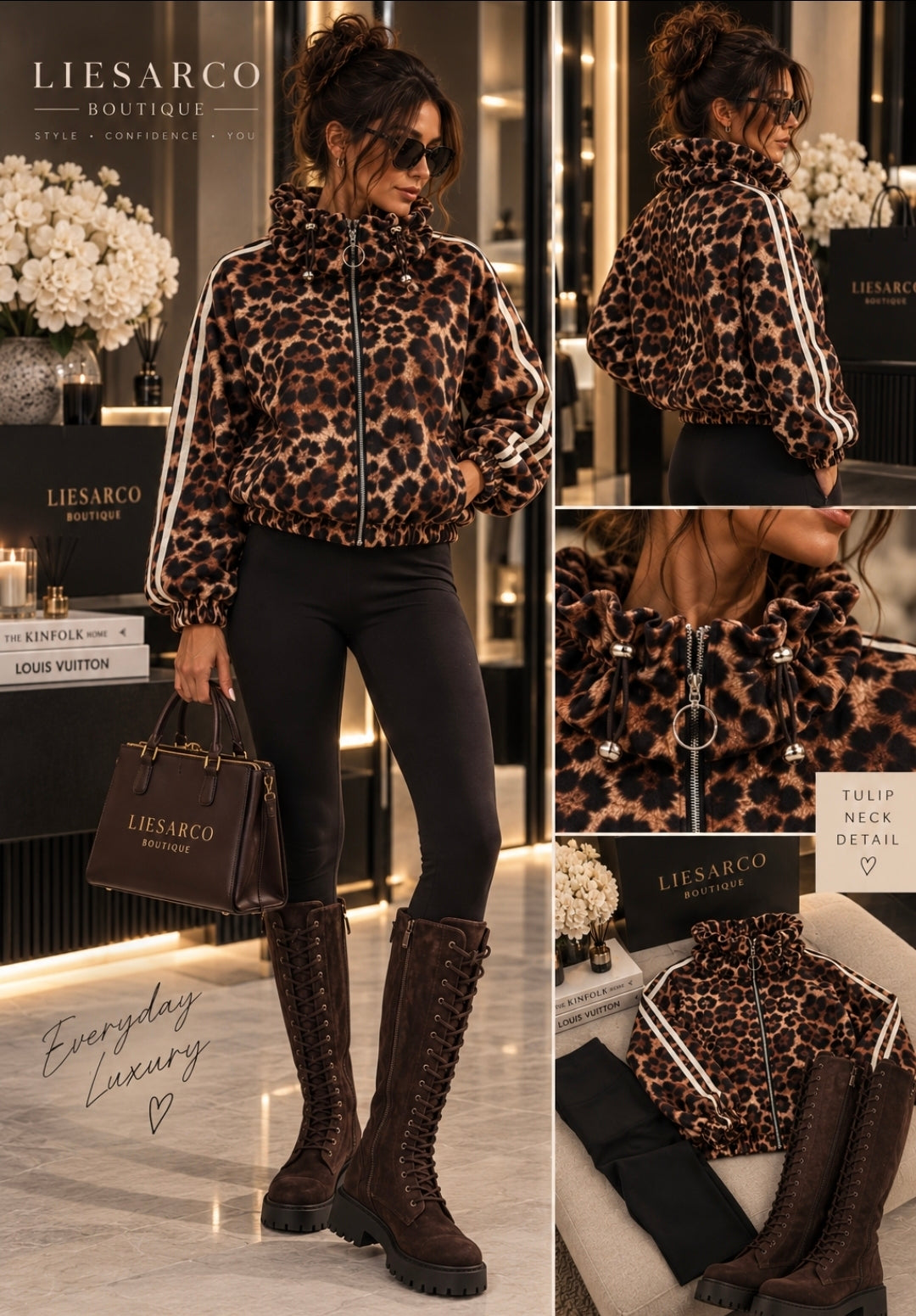 Animal Print Tulip Collar Stripe Arm Jacket