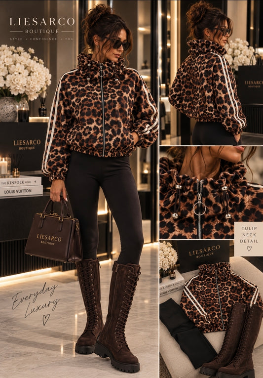 Animal Print Tulip Collar Stripe Arm Jacket