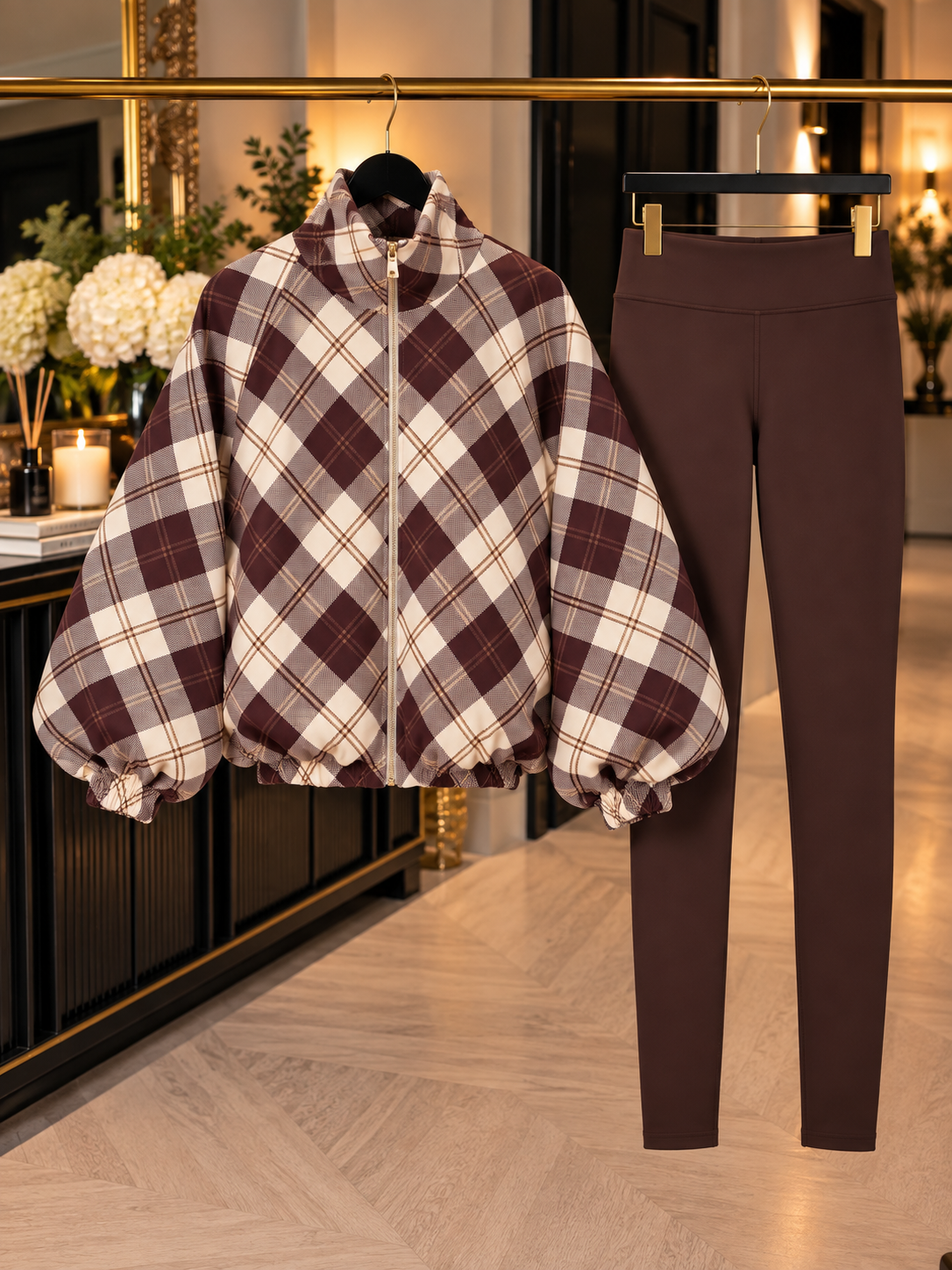 Check Balloon Sleeve Zip Jacket