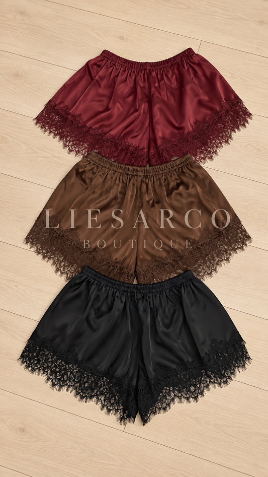 Christy Satin Lace-Trim Shorts