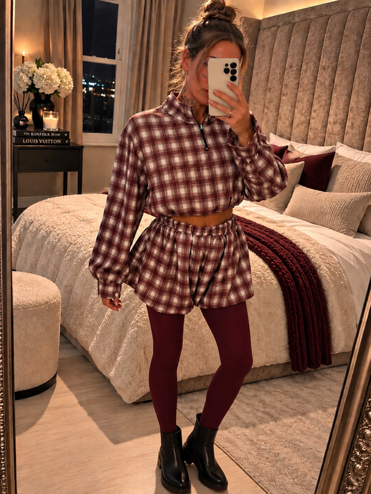 Burgundy Check Balloon Shorts Set