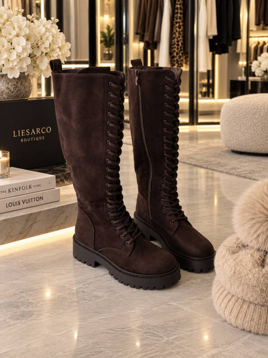 Chocolate Suede Lace-Up Knee High Boots