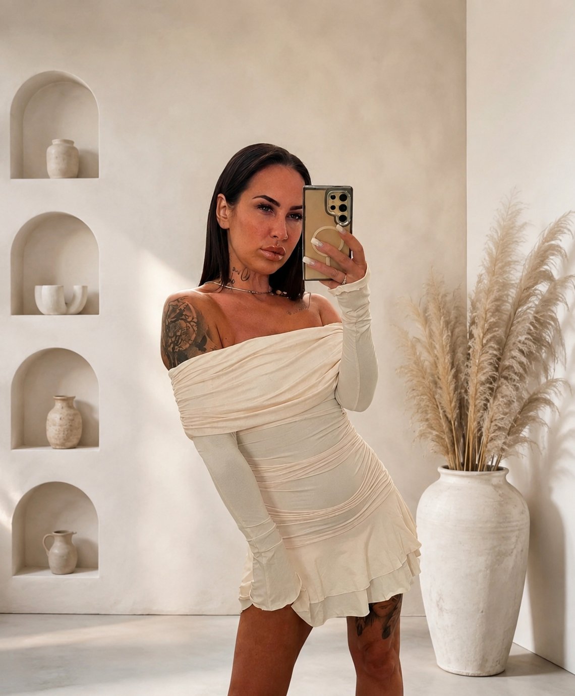 The Amelie Ruched Mini Dress – Ivory
