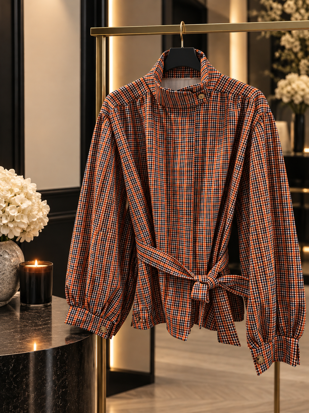 Burnt Orange & Brown Check Tie-Waist lightweight Jacket