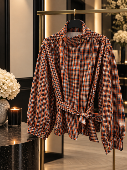 Burnt Orange & Brown Check Tie-Waist lightweight Jacket