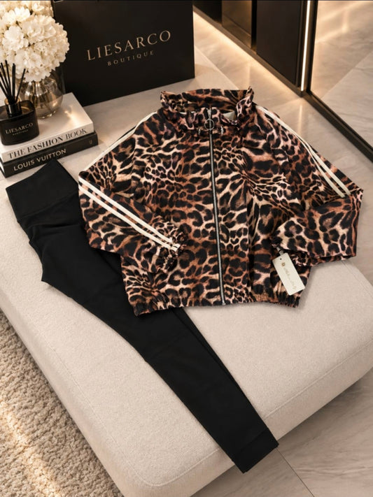 Animal Print Tulip Collar Stripe Arm Jacket