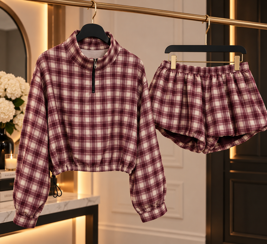 Burgundy Check Balloon Shorts Set