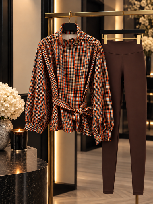Burnt Orange & Brown Check Tie-Waist lightweight Jacket